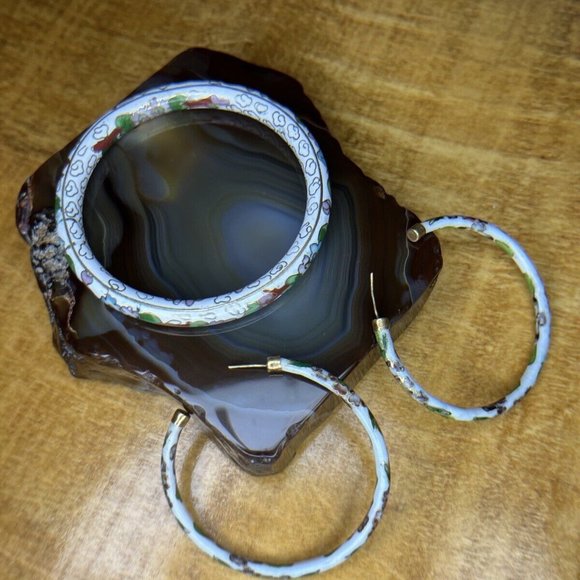 Vintage Cloisonné Enamel Hand Painted Hinged Bangle Bracelet And Earrings Set - Picture 11 of 11